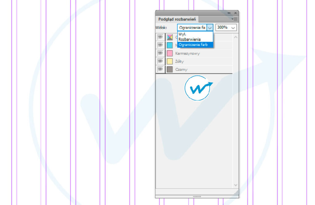 Panel podglądu rozbarwień w programie Indesign, panel służy do obserwacji, jakie elementy graficzne są za mocno nasycone dla druku gazetowego