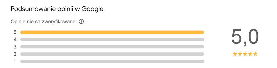 1.-podsumowanie-opinii Google Podsumowanie opinii w Google, stan wrzesień 2025, ocena 5. Komentarz Google: Opinie nie są zweryfikowane.